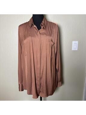 Modern Minimalist XXL Satin Feel Button-Up Relaxed Fit Rust Brown Copper Neutral